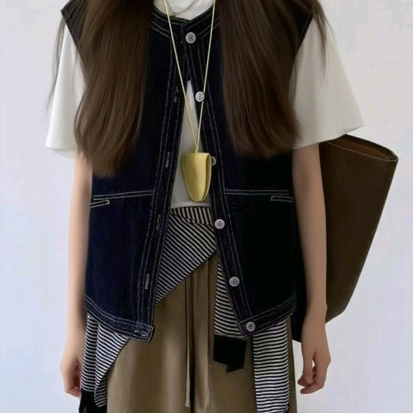 2025 Autumn Women's Navy Denim Vest Top Loose Casual Button Front