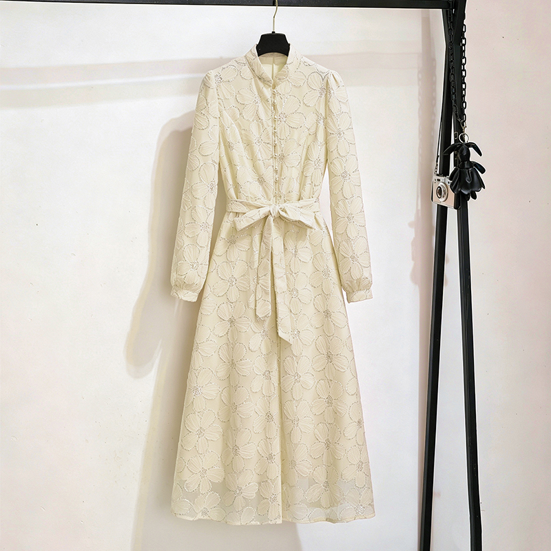 2026 Autumn French Style Lace Dress with Stand Collar and Waist Fit 85020