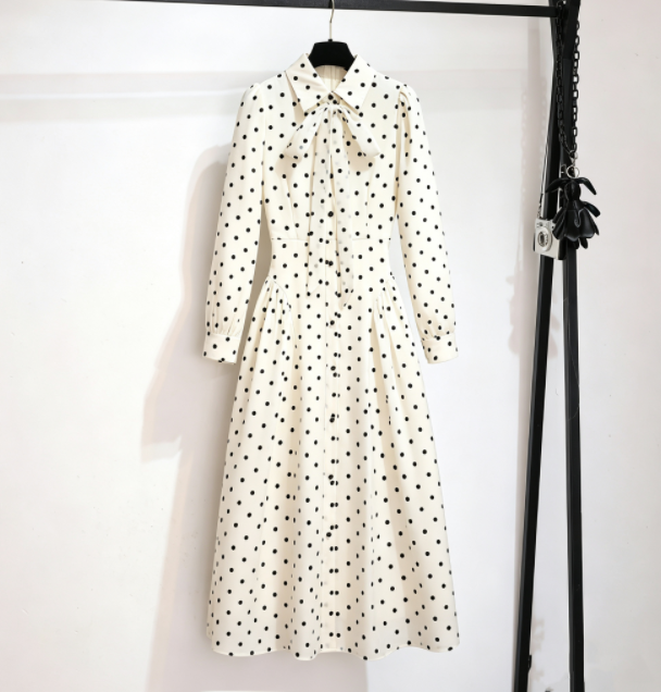 2026 Autumn French Style Polka Dot Dress Women Cinched Waist Slimming Elegant Long Dress 89183