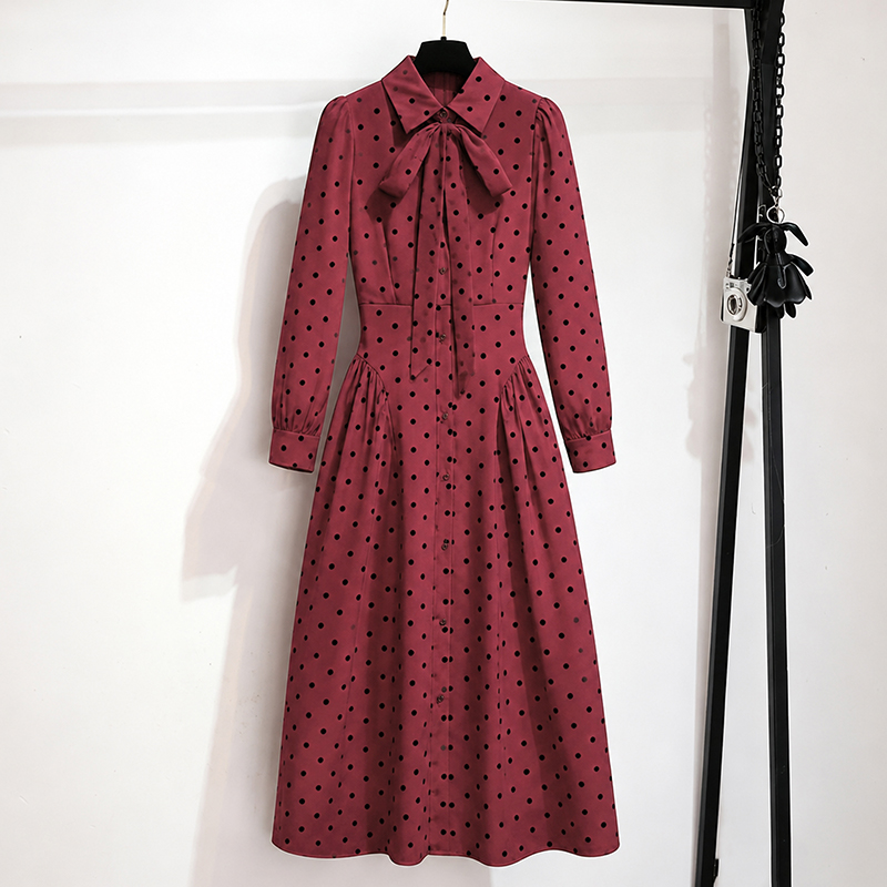 2026 Autumn French Style Polka Dot Dress Women Cinched Waist Slimming Elegant Long Dress 89183 - Image 2