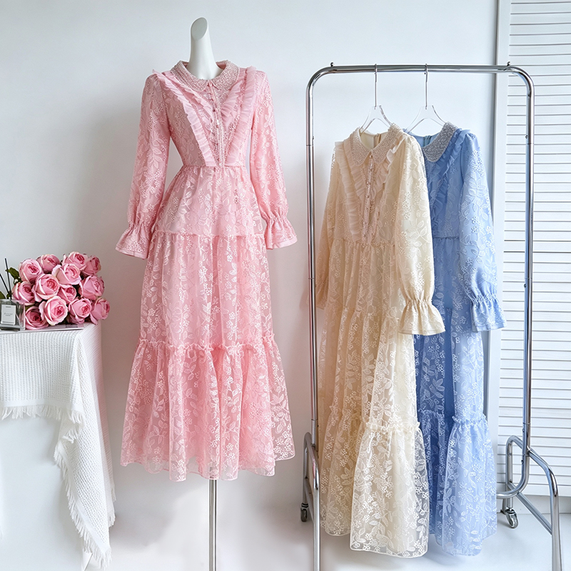2026 Autumn Mesh Embroidered Lace French Pink Dress Women High Waist Midi Dress 88352