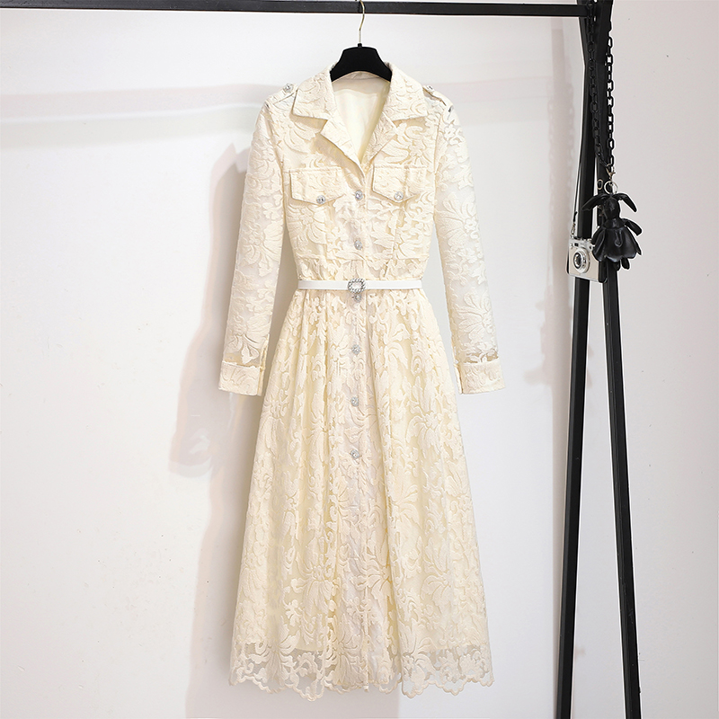 2026 Elegant Long Sleeve Single-Breasted Lace A-Line Dress with Waist Cinching