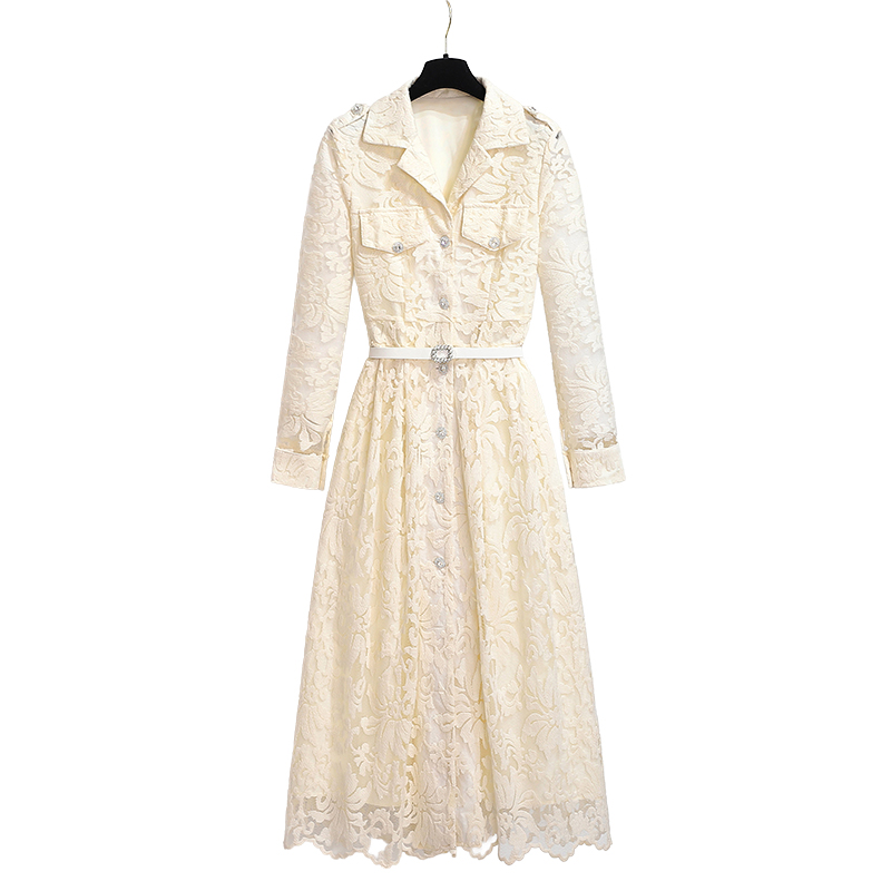 2026 Elegant Long Sleeve Single-Breasted Lace A-Line Dress with Waist Cinching - Image 3