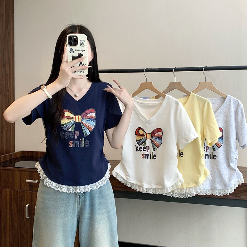 2026 Summer Plus Size Women's Korean Sweet Print Bow Lace Trim Short Sleeve Top