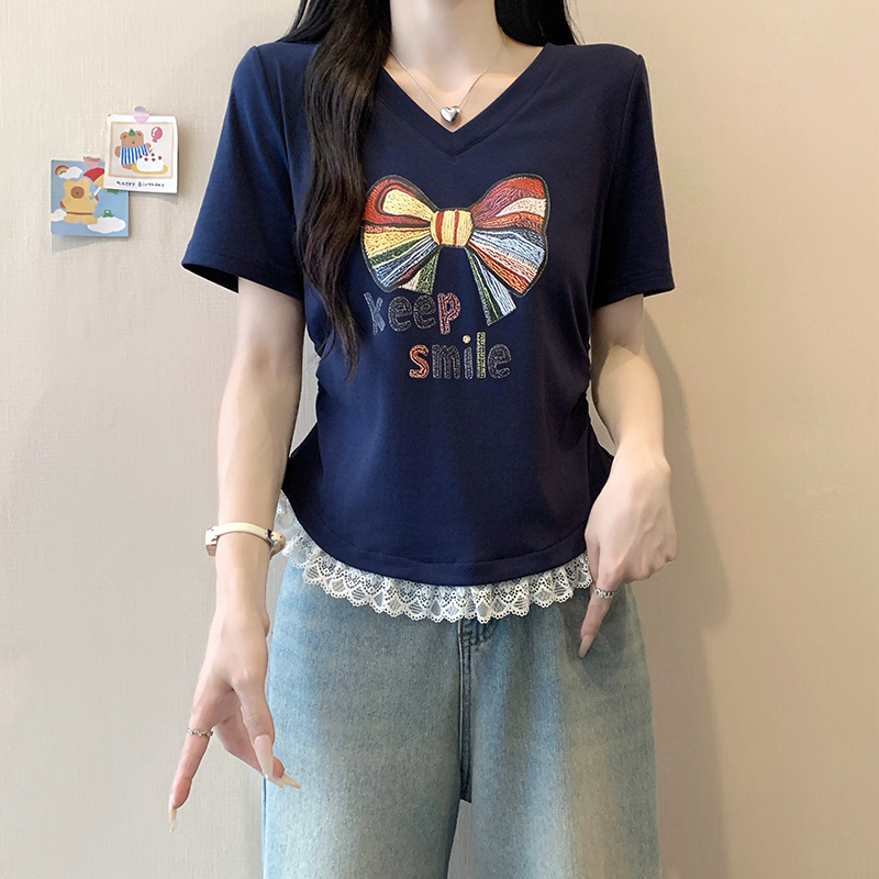2026 Summer Plus Size Women's Korean Sweet Print Bow Lace Trim Short Sleeve Top - Image 4