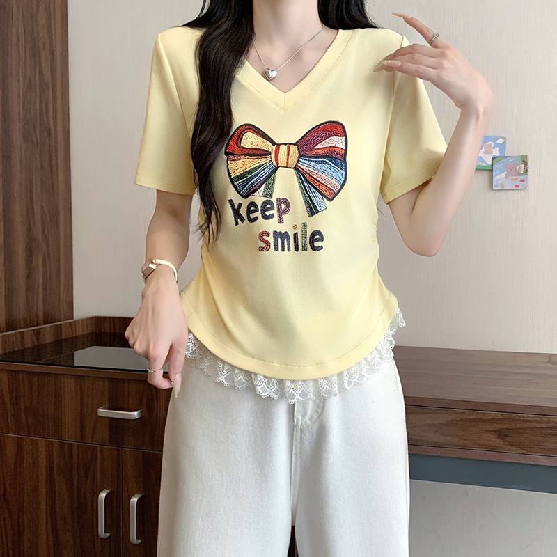 2026 Summer Plus Size Women's Korean Sweet Print Bow Lace Trim Short Sleeve Top - Image 5