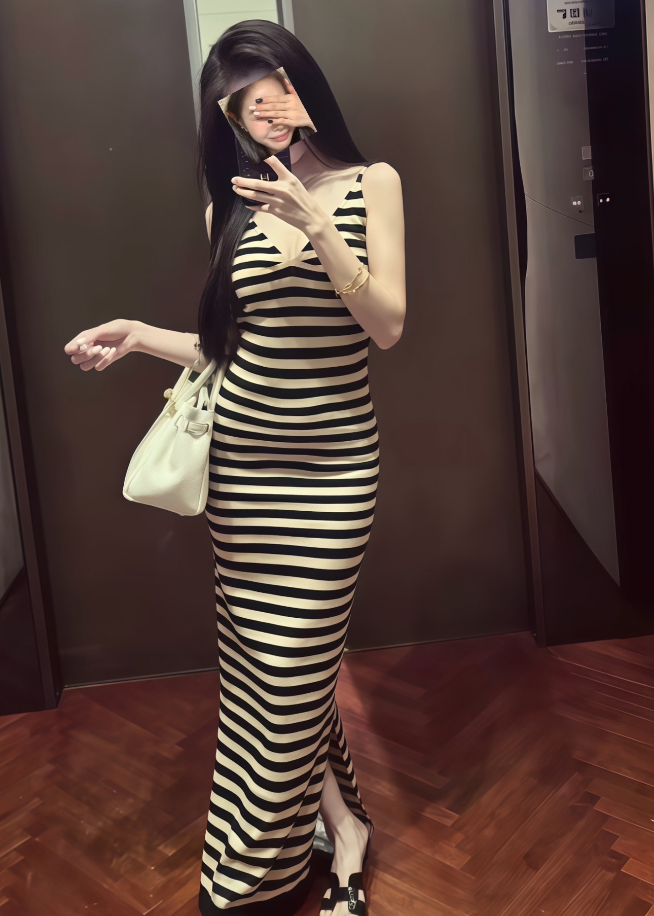 Black Rice Striped V-Neck Long Knitted Dress Summer Beach Vacation Dress