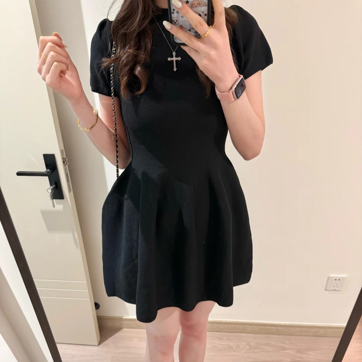 Black Waist-Cinching Knit Dress Women Summer Slimming Short Sleeve Short Dress - Style 439bc6 - Image 5