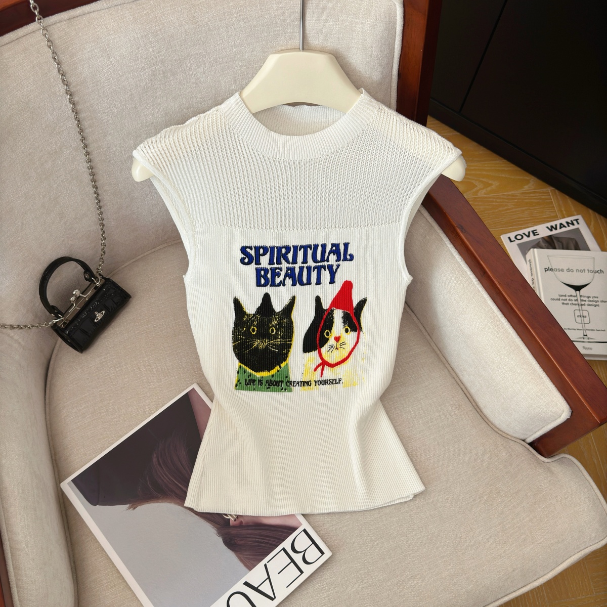 Cartoon Print Knit Top for Women Summer New Slim-Fit Pullover