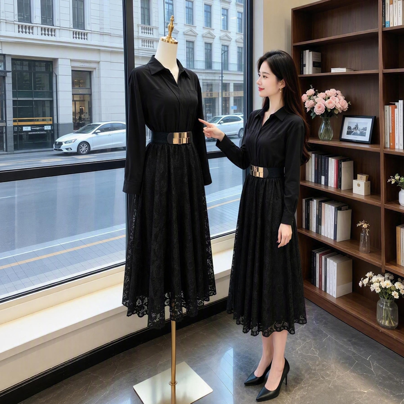 Elegant Hollow-Out Waist-Slimming Midi Dress with Belt 89197