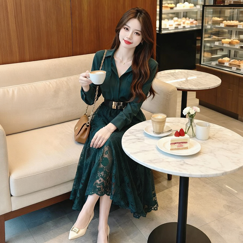 Elegant Hollow-Out Waist-Slimming Midi Dress with Belt 89197 - Image 2