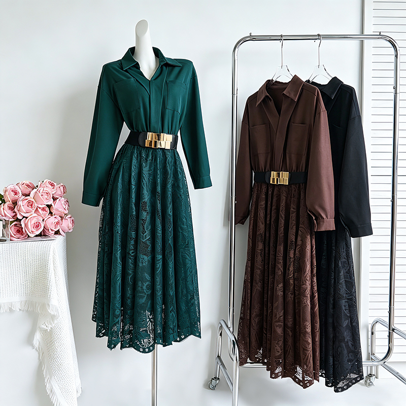 Elegant Hollow-Out Waist-Slimming Midi Dress with Belt 89197 - Image 4
