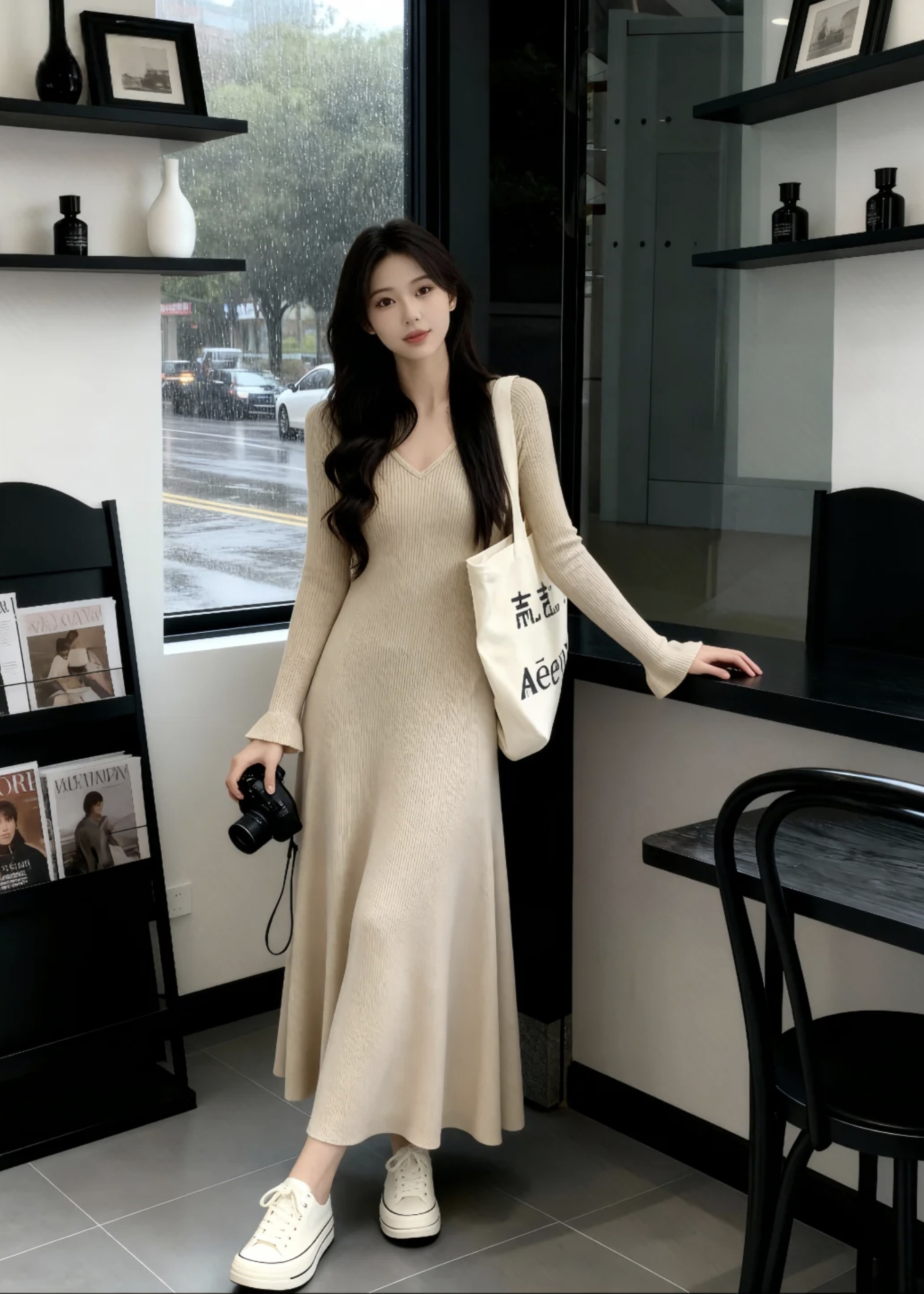 Elegant Slimming Ribbed Knit Long Sleeve Bodycon Dress - Image 3