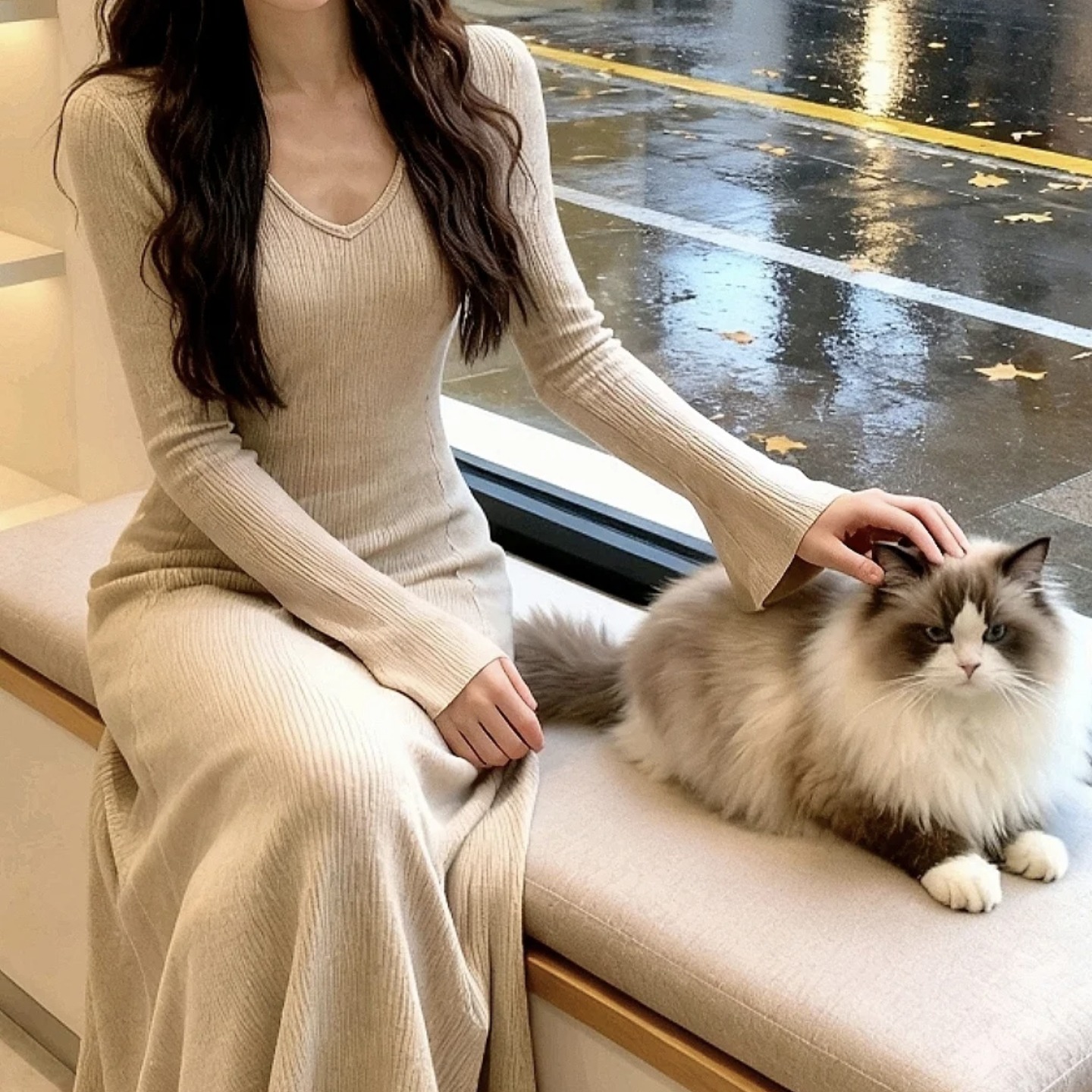 Elegant Slimming Ribbed Knit Long Sleeve Bodycon Dress - Image 5