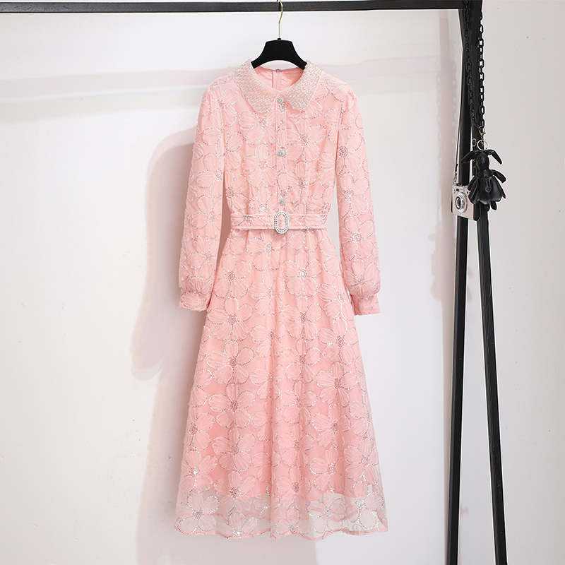 French Style Long Sleeve Doll Collar Rhinestone A-Line Dress with Belt
