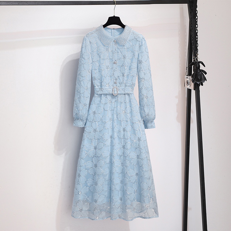 French Style Long Sleeve Doll Collar Rhinestone A-Line Dress with Belt - Image 2
