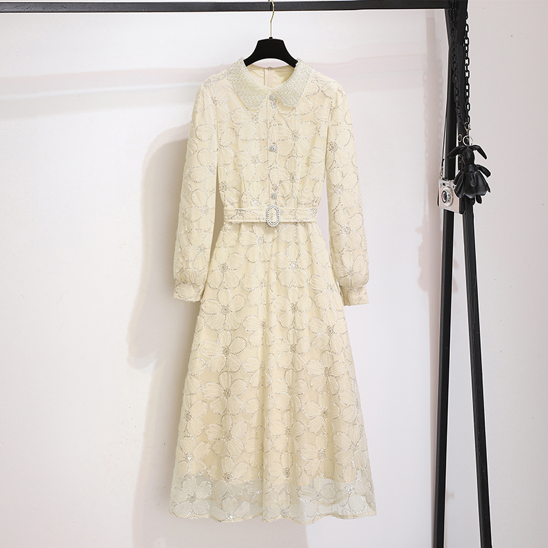 French Style Long Sleeve Doll Collar Rhinestone A-Line Dress with Belt - Image 3