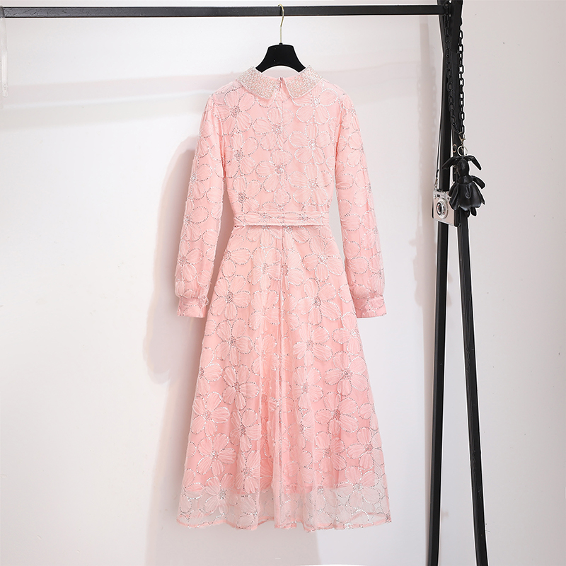 French Style Long Sleeve Doll Collar Rhinestone A-Line Dress with Belt - Image 4