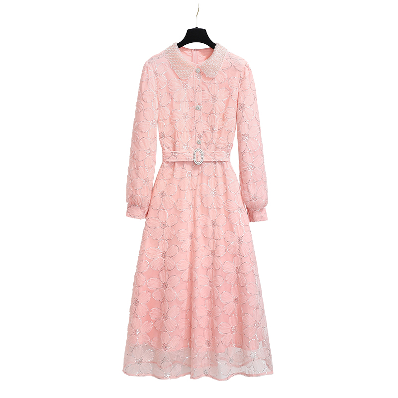 French Style Long Sleeve Doll Collar Rhinestone A-Line Dress with Belt - Image 5