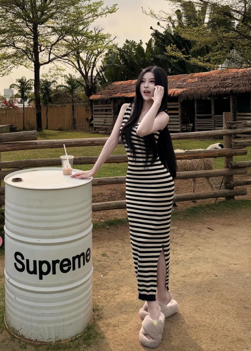 French V-Neck Striped Cami Dress Women Summer 2026 Slim Fit Bodycon Long Dress