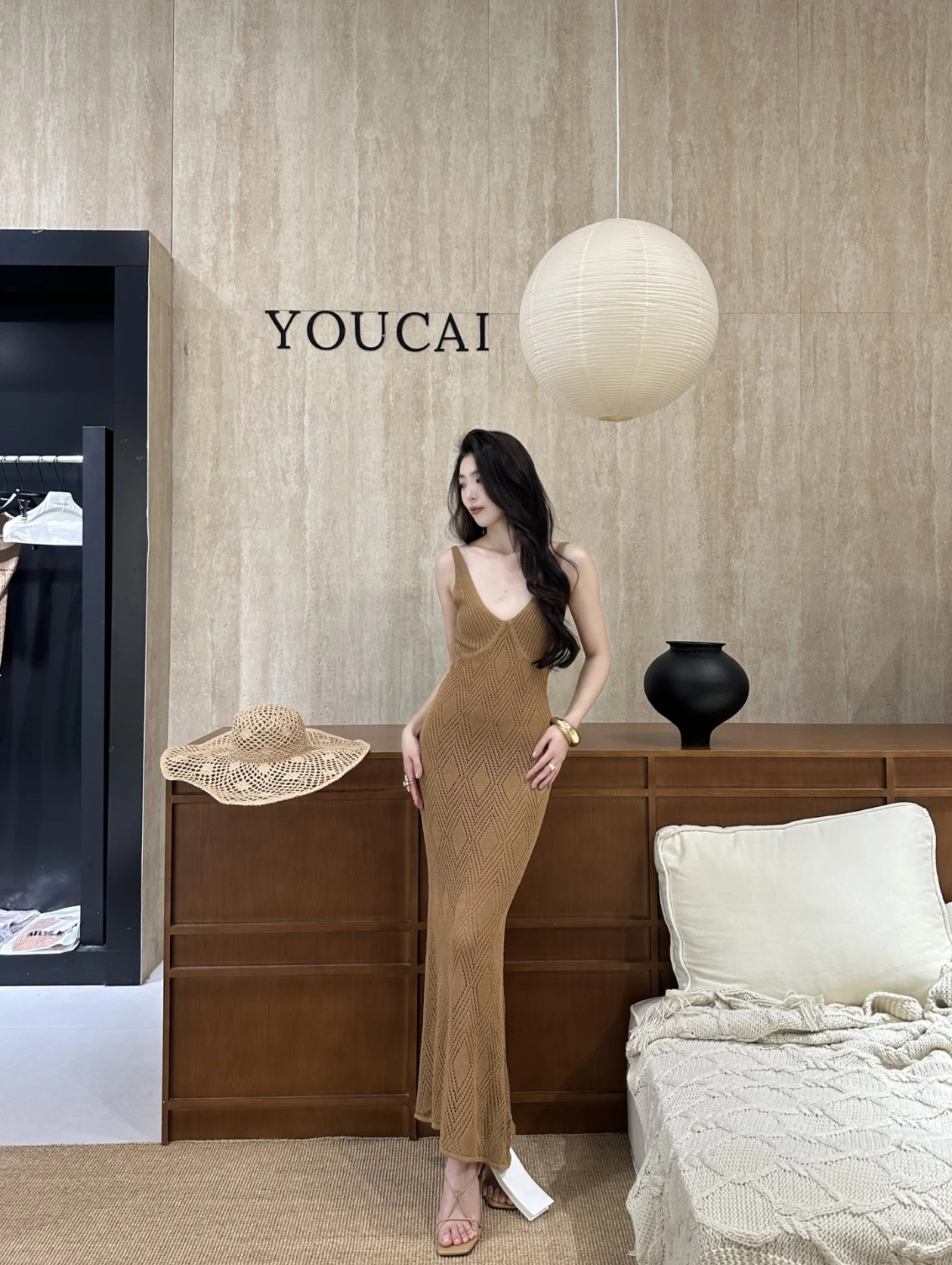 Hollow-Out Knitted Dress Two-Piece Set with Shawl