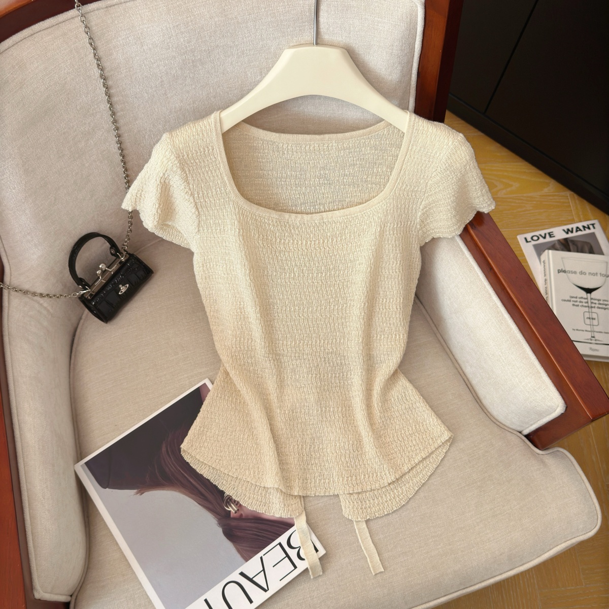 Korean Style Solid Knit Top for Women Summer Short Sleeve Slimming Back Tie