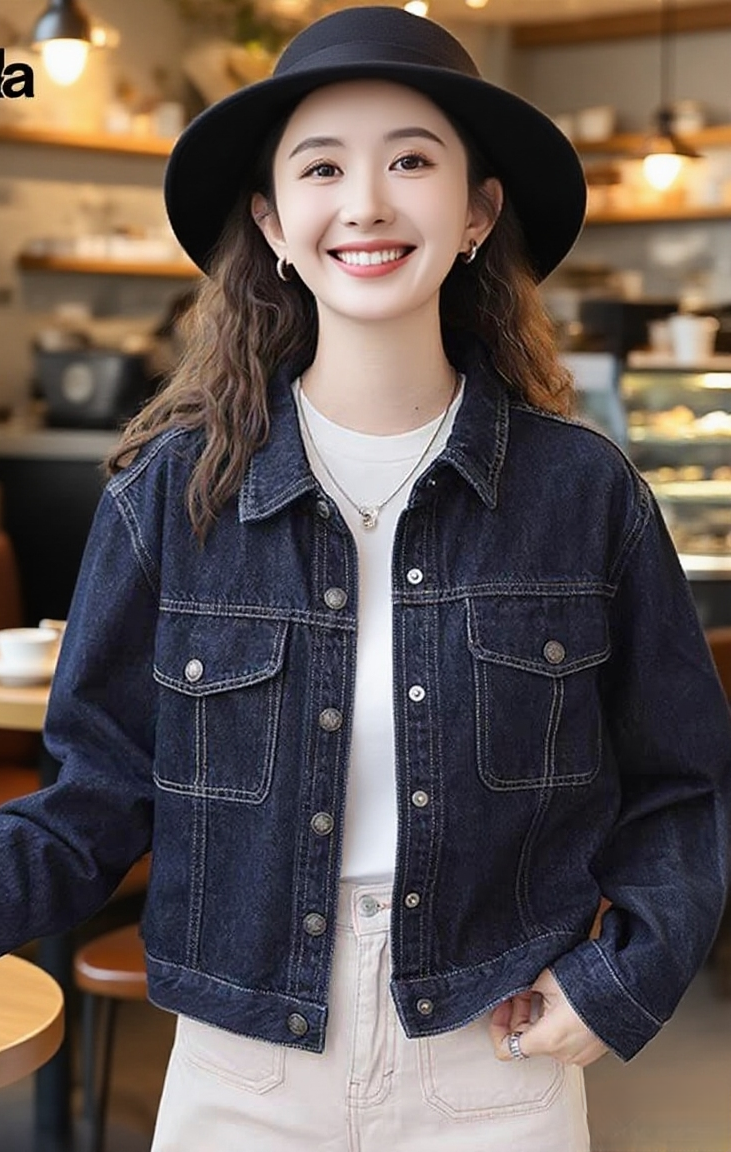 Korean Style Trendy High-End Retro Loose All-Match Dark Blue Denim Jacket