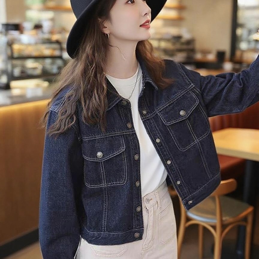 Korean Style Trendy High-End Retro Loose All-Match Dark Blue Denim Jacket - Image 4