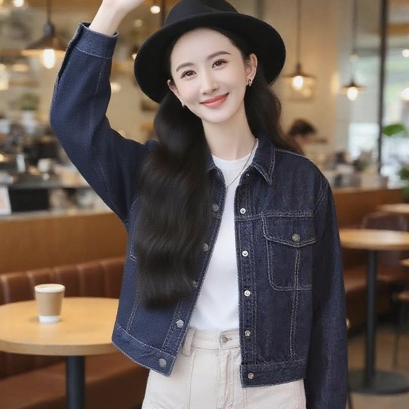 Korean Style Trendy High-End Retro Loose All-Match Dark Blue Denim Jacket - Image 5