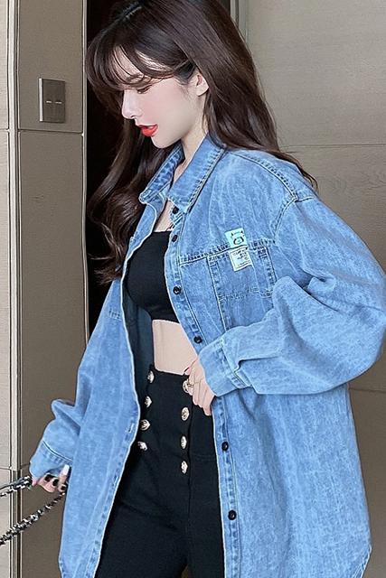 New Korean Style Loose Fit Denim Shirt Women Long Sleeve