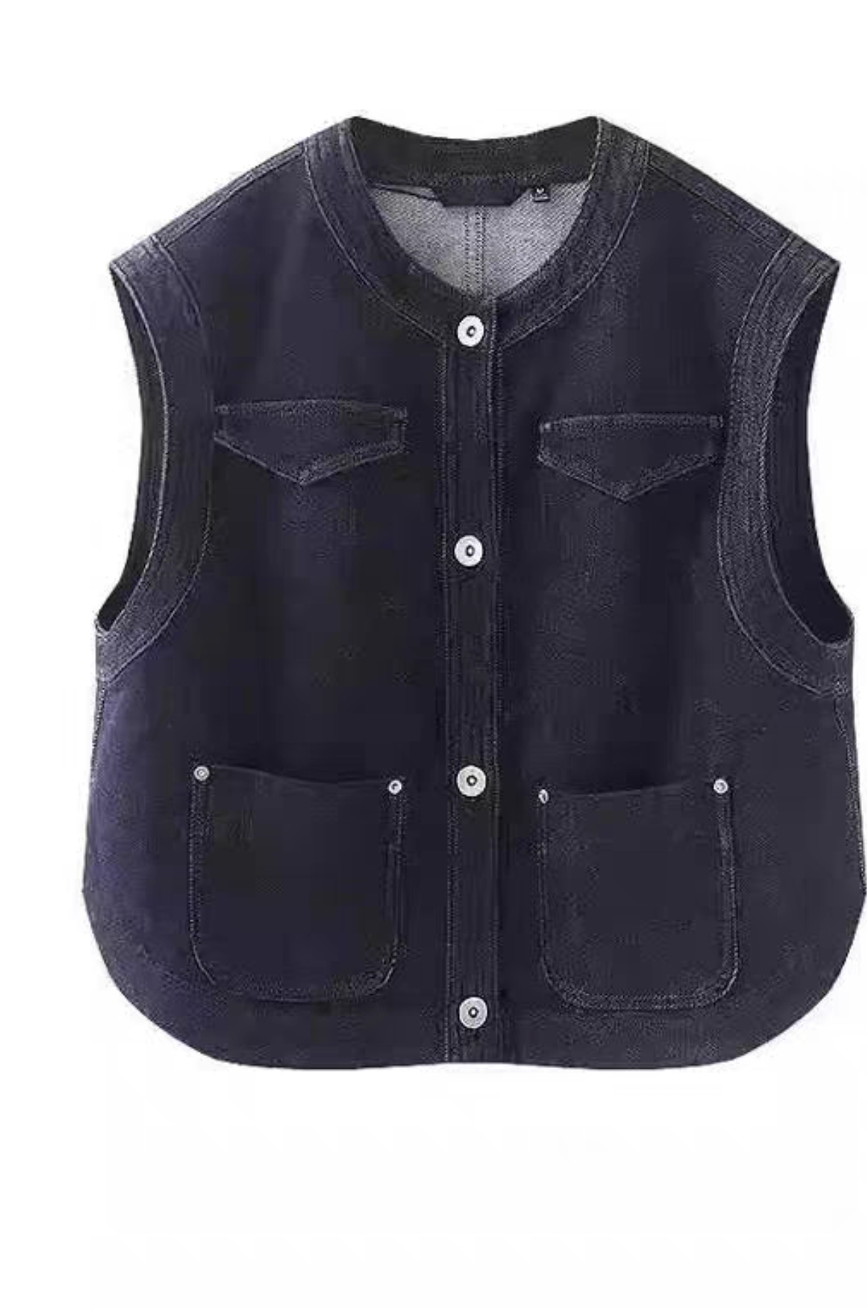 New Mall Same Style High-End Quality Dark Blue Round Neck Denim Vest