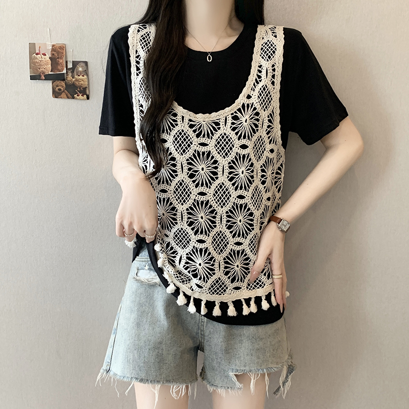 Plus Size Korean Sweet Hollow Out Vest Layered Look Short Sleeve Top Summer 2026 - Image 2