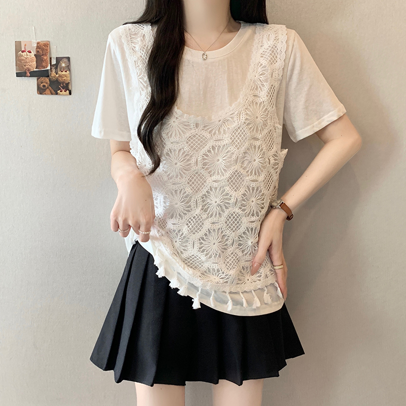 Plus Size Korean Sweet Hollow Out Vest Layered Look Short Sleeve Top Summer 2026 - Image 3