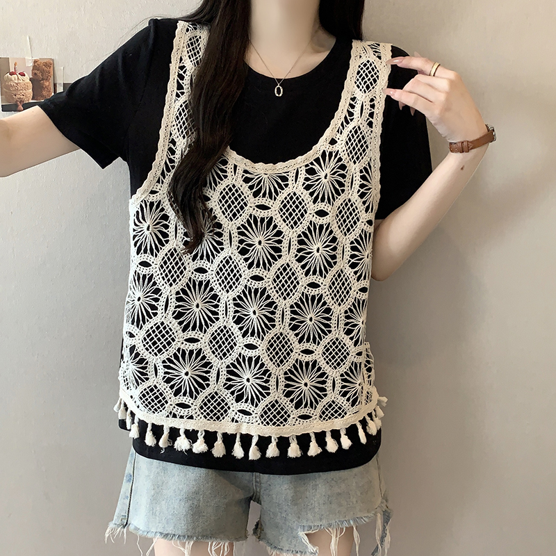Plus Size Korean Sweet Hollow Out Vest Layered Look Short Sleeve Top Summer 2026 - Image 4