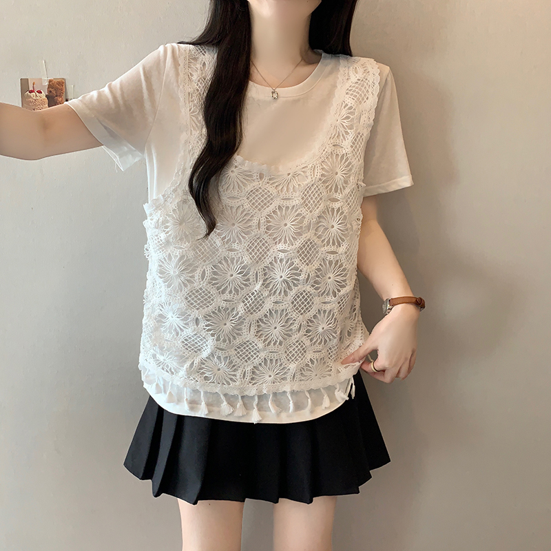 Plus Size Korean Sweet Hollow Out Vest Layered Look Short Sleeve Top Summer 2026 - Image 5