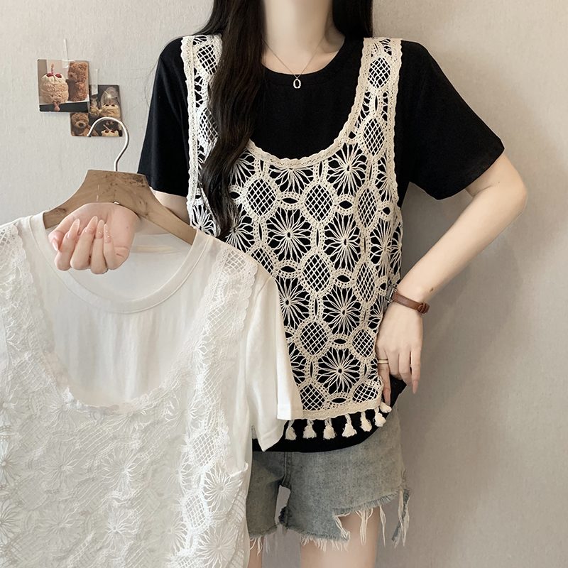 Plus Size Korean Sweet Hollow Vest Layered Faux Two-Piece Short Sleeve Top Summer 2026