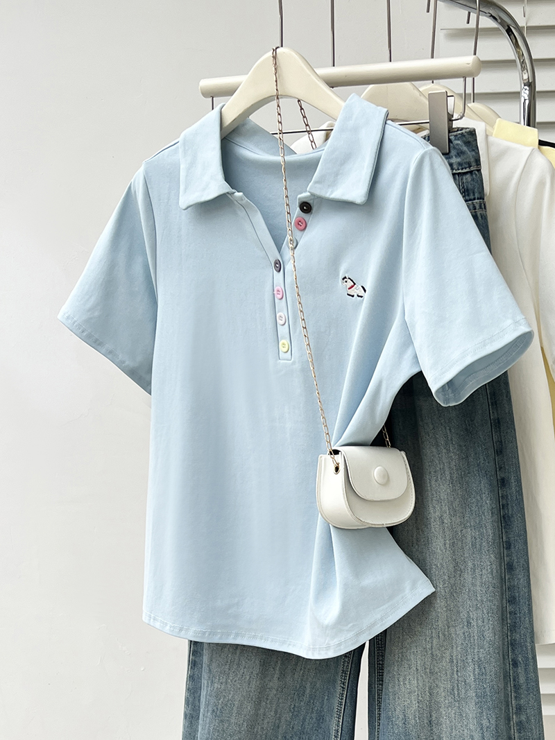 Plus Size Women Rainbow Button Embroidered Pony Polo Collar Short Sleeve T-Shirt Summer 2026