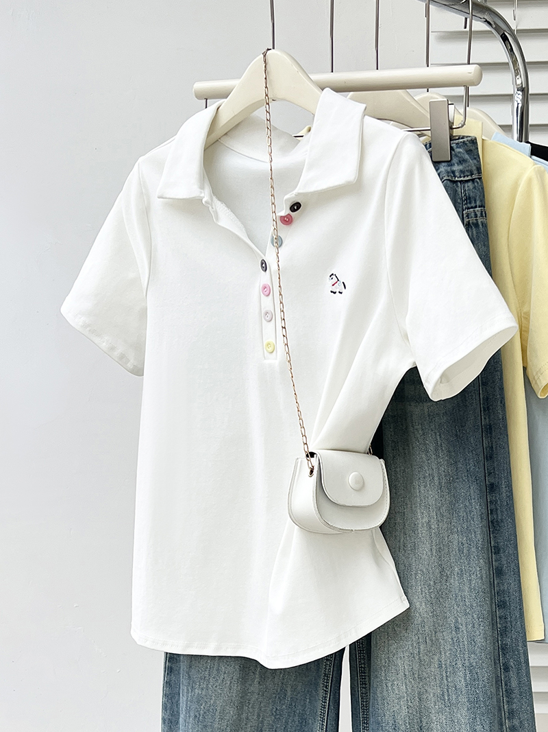 2026 Summer Plus Size Women's Rainbow Button Embroidered Pony Polo Neck Short Sleeve T-Shirt - Image 3