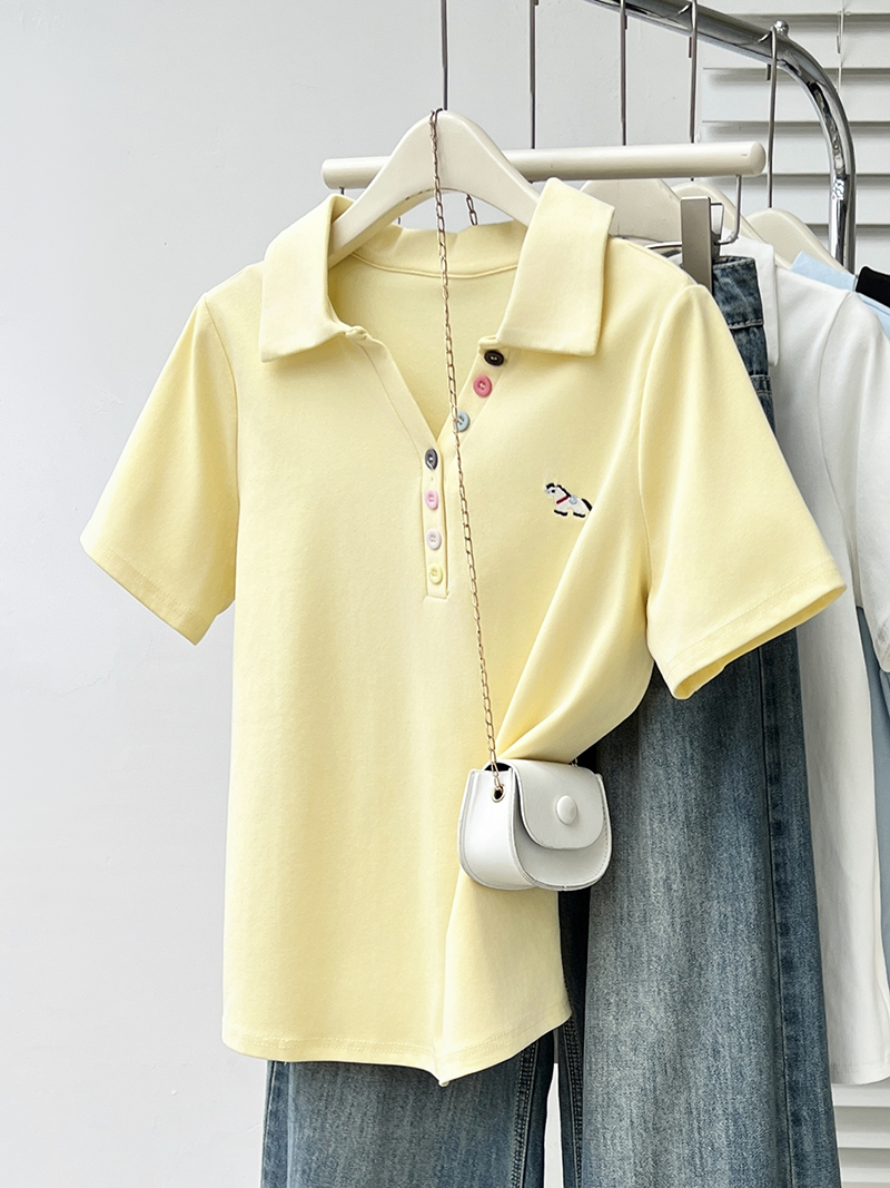 2026 Summer Plus Size Women's Rainbow Button Embroidered Pony Polo Neck Short Sleeve T-Shirt