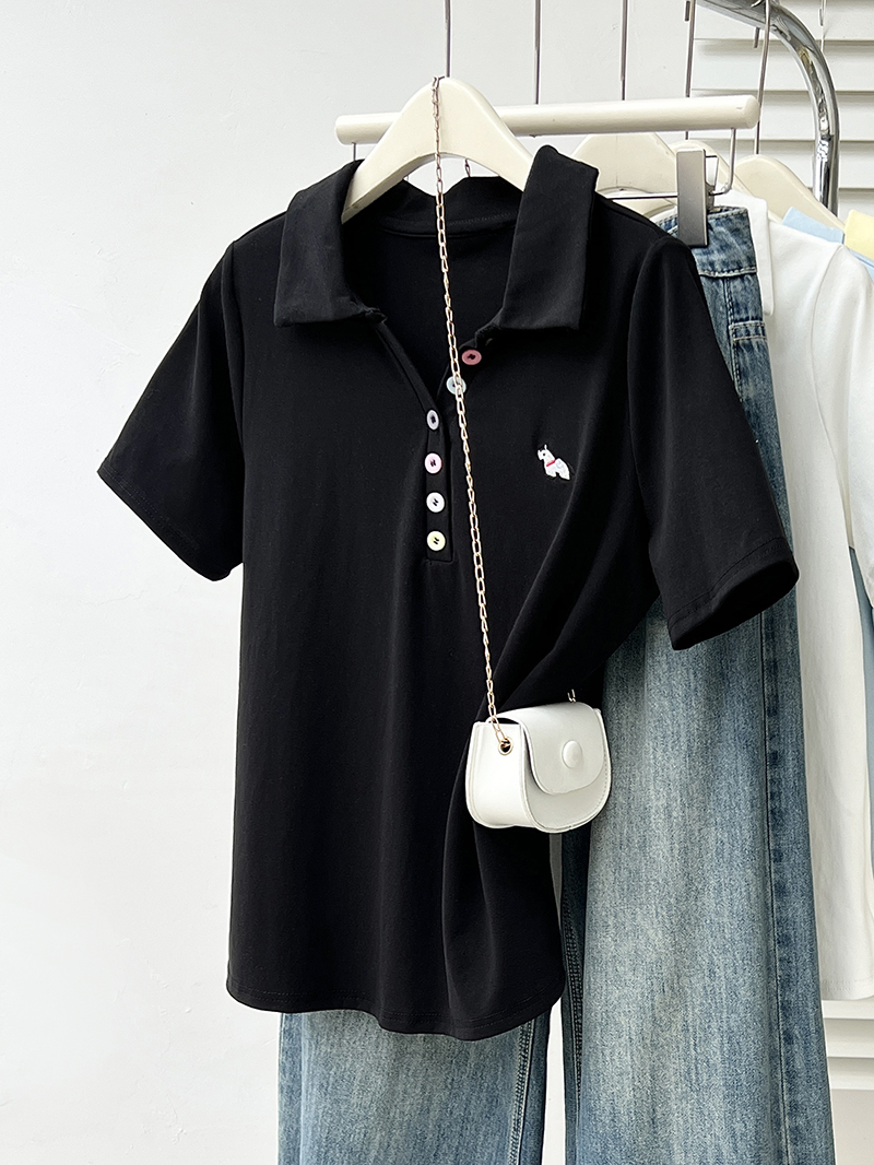 2026 Summer Plus Size Women's Rainbow Button Embroidered Pony Polo Neck Short Sleeve T-Shirt - Image 4