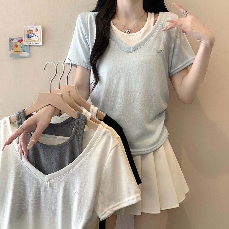Plus Size Women's Color Block Faux Two Piece Cinched Waist Short Sleeve T-Shirt Summer 2026