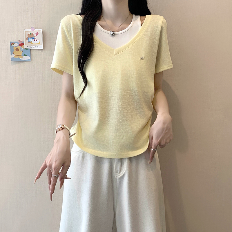 Plus Size Women's Color Block Faux Two Piece Cinched Waist Short Sleeve T-Shirt Summer 2026 - Image 2