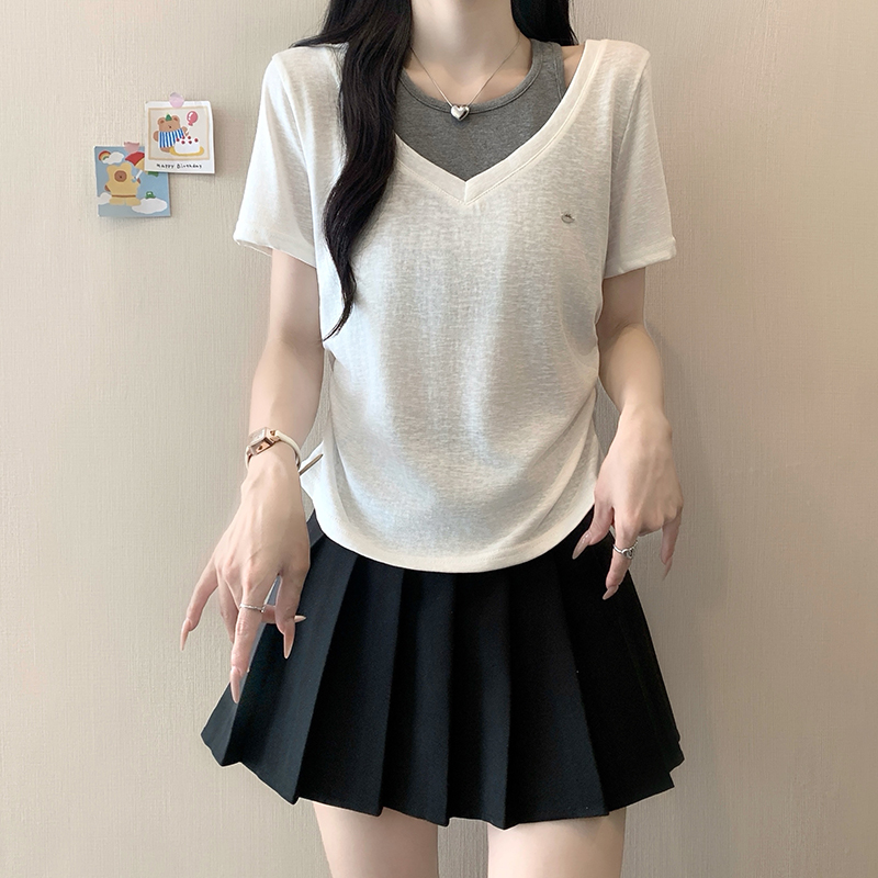 Plus Size Women's Color Block Faux Two Piece Cinched Waist Short Sleeve T-Shirt Summer 2026 - Image 3