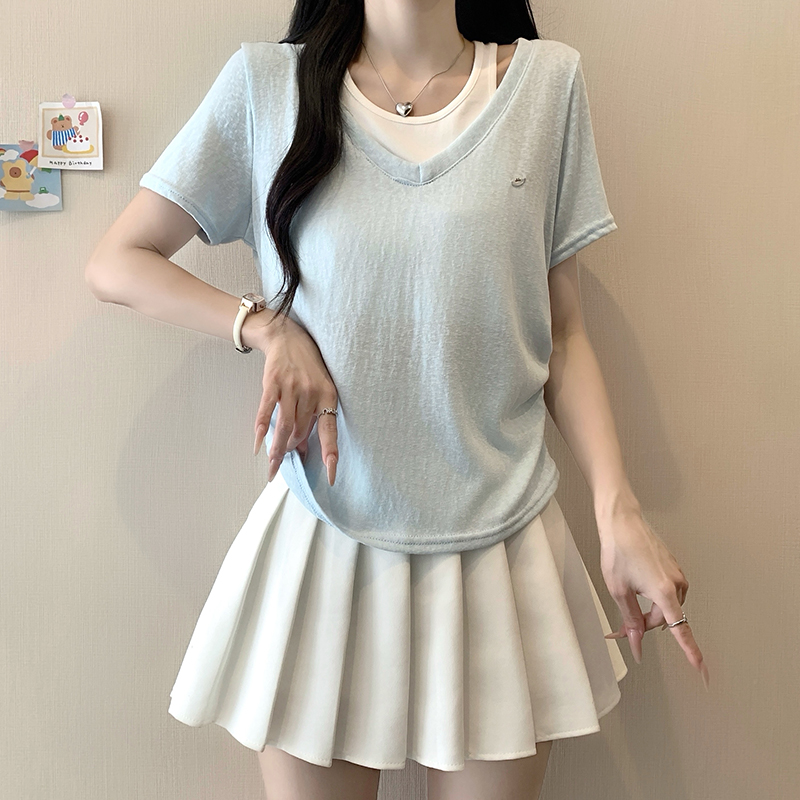 Plus Size Women's Color Block Faux Two Piece Cinched Waist Short Sleeve T-Shirt Summer 2026 - Image 4