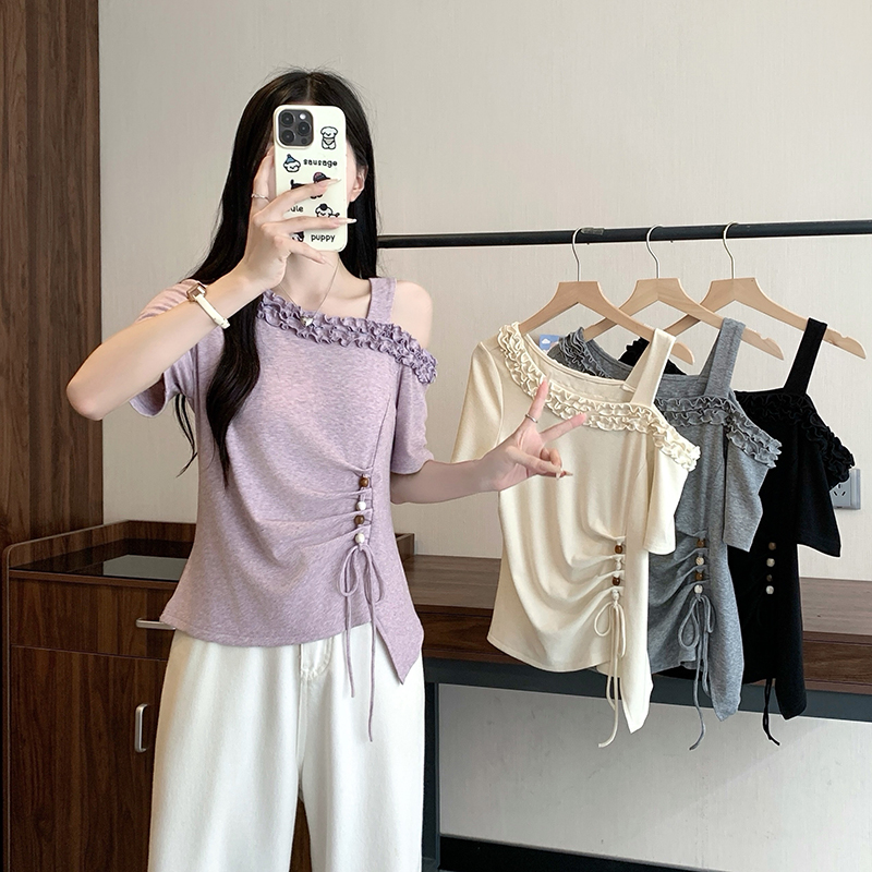 Plus Size Women's Off-Shoulder Asymmetric Short Sleeve T-Shirt Summer 2026 French Design