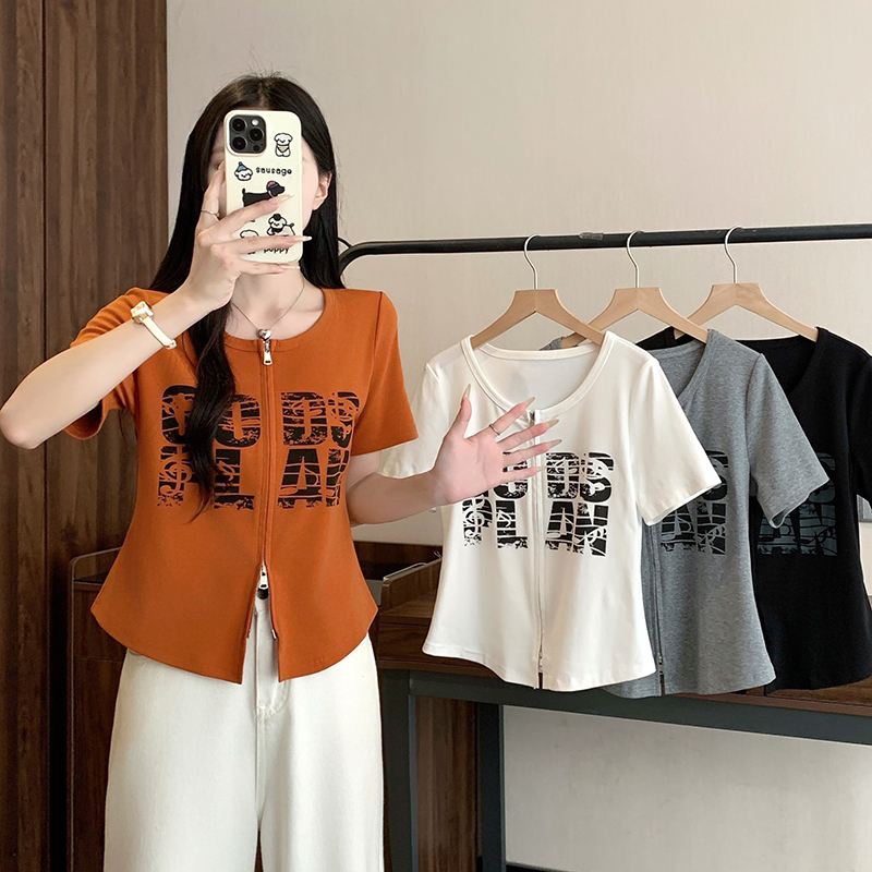 Plus Size Women's Summer 2026 Printed Letter Short Sleeve Top with Double Zipper - Style 67df7f