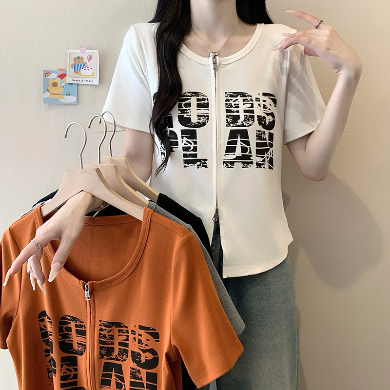 Plus Size Women's Summer 2026 Printed Letter Short Sleeve Top with Double Zipper - Style bb673f