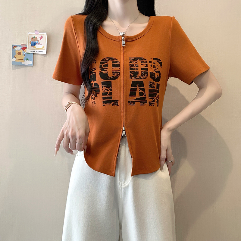 Plus Size Women's Summer 2026 Printed Letter Short Sleeve Top with Double Zipper - Style bb673f - Image 2