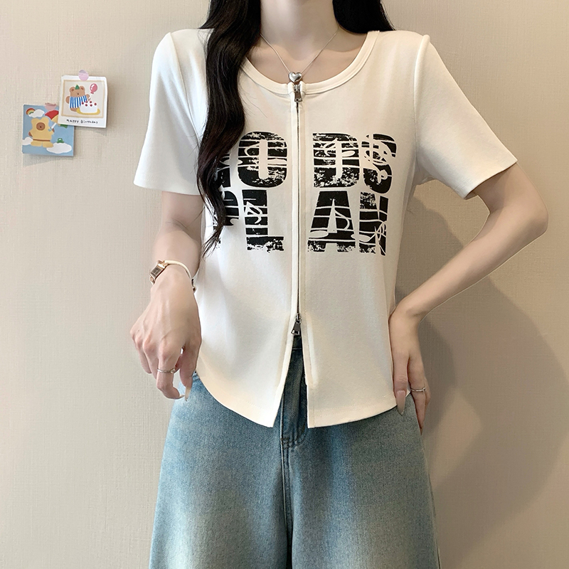 Plus Size Women's Summer 2026 Printed Letter Short Sleeve Top with Double Zipper - Style bb673f - Image 3