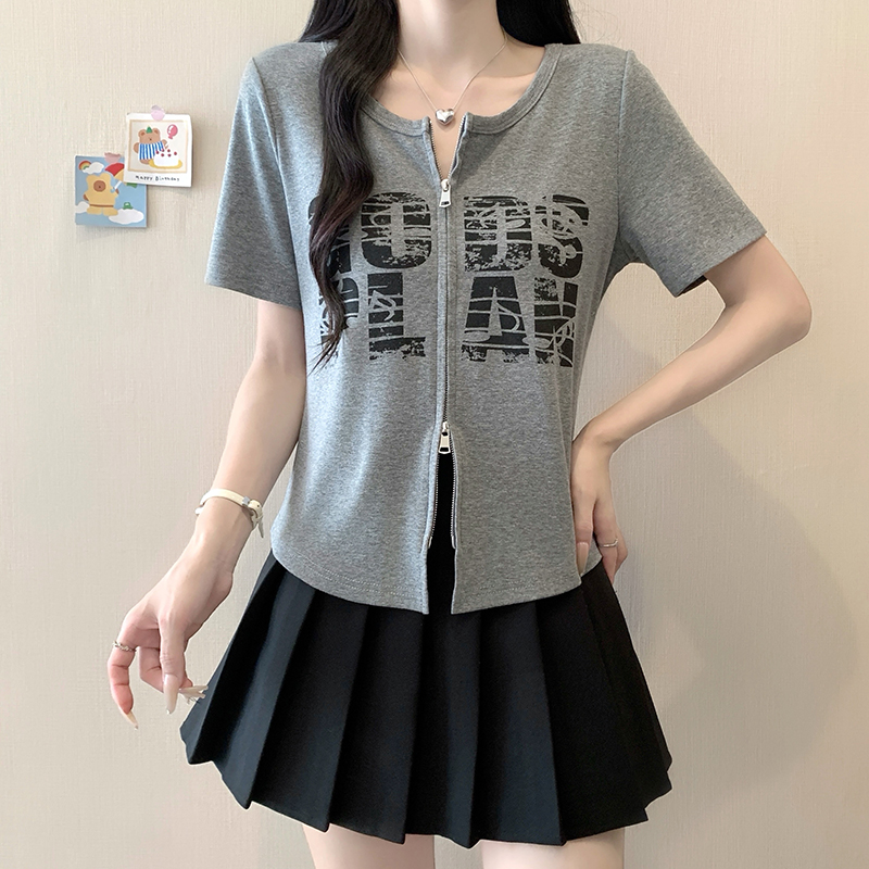 Plus Size Women's Summer 2026 Printed Letter Short Sleeve Top with Double Zipper - Style bb673f - Image 4